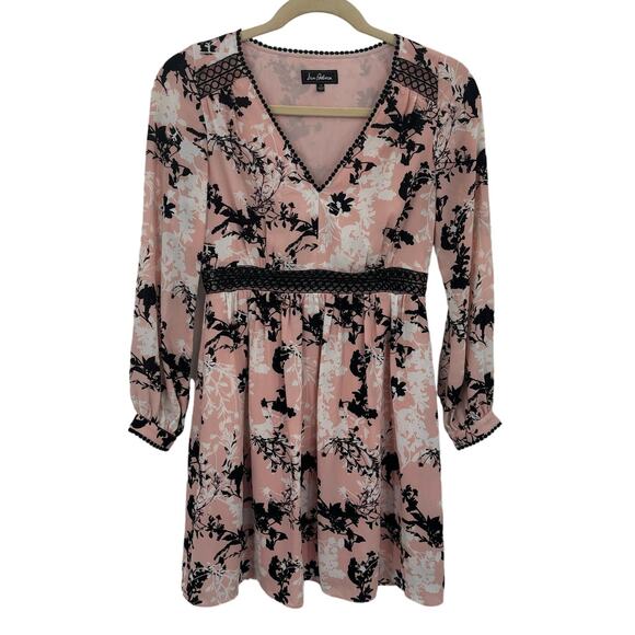 136. Sam Edelman Dress SZ 10 Pink Black Floral V-Neck Bishop Boho Romantic Flowy - Picture 2 of 12